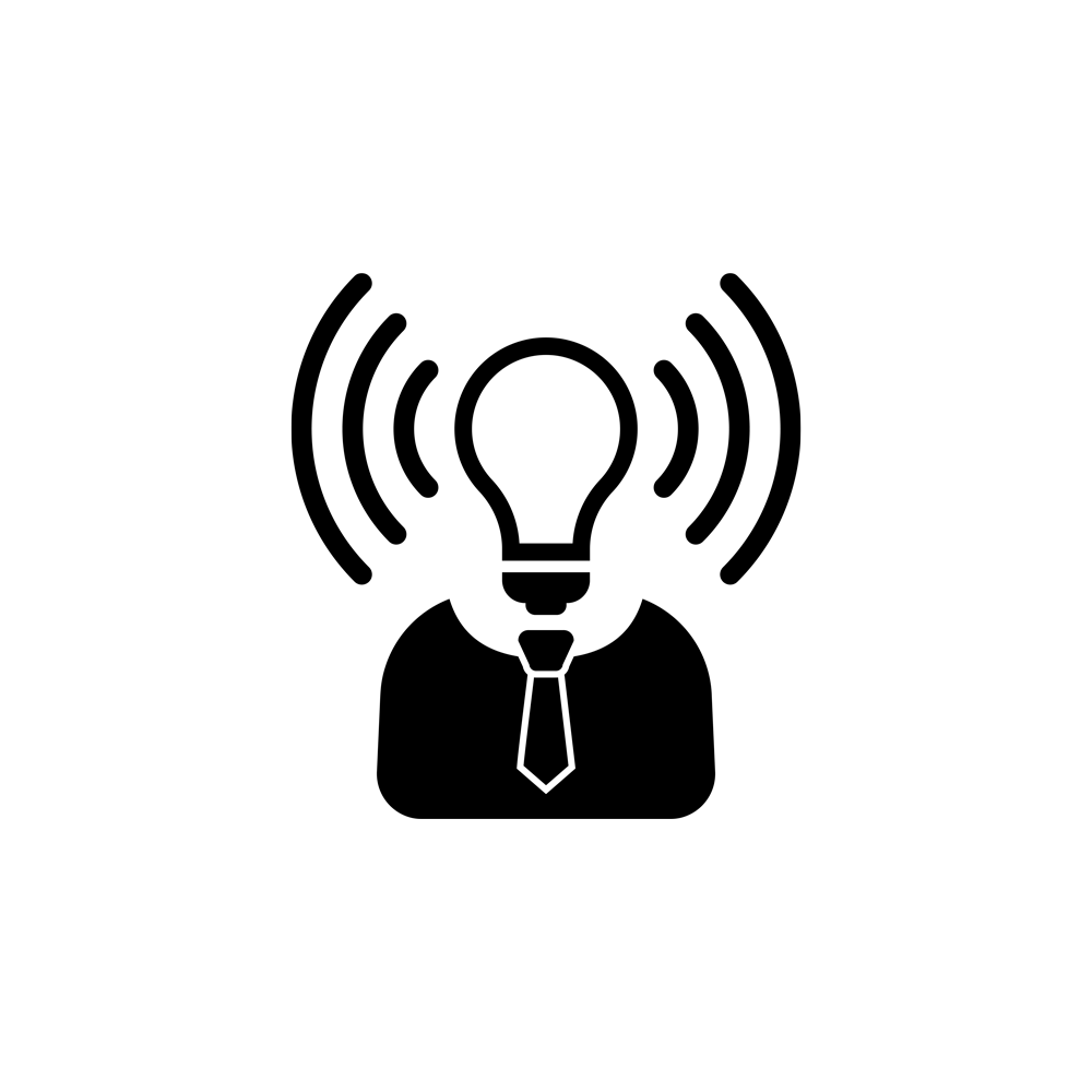 Icon of a person whose head is a lightbulb, with radiating lines representing 'listening'