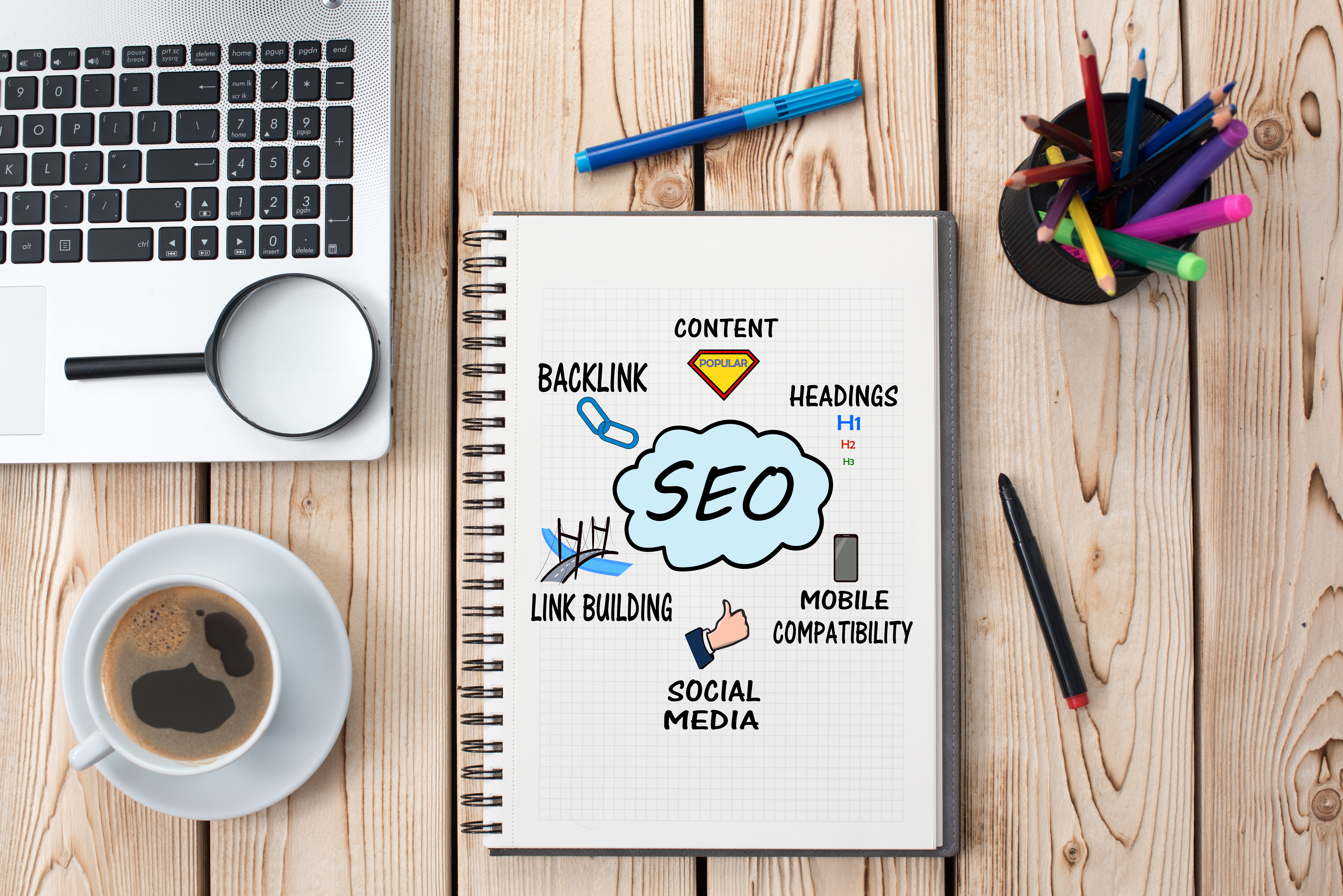 SEO graphic on notebook